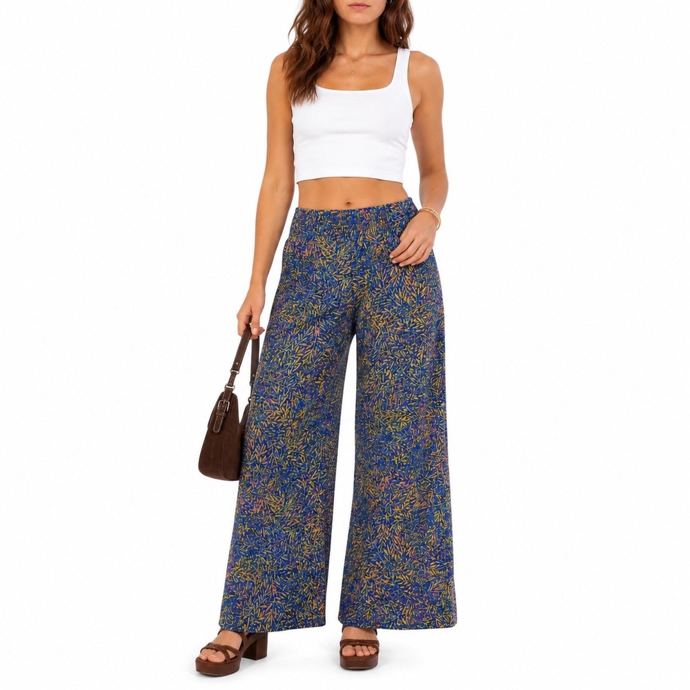 Onzie Blue Yellow Boho Palazzo Wide Leg Liquid Knit Jersey Women's M/L Pants